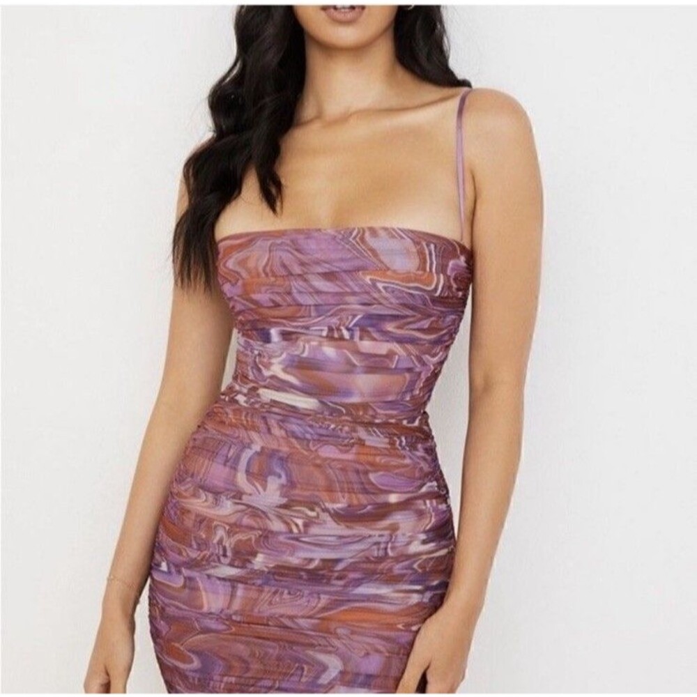 House Of CB Ella Purple Swirl Ruched Organza Mesh Mini Bodycon Dress Size Large
